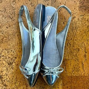 Silver mirrored metallic vegan leather almond toe slingback flats